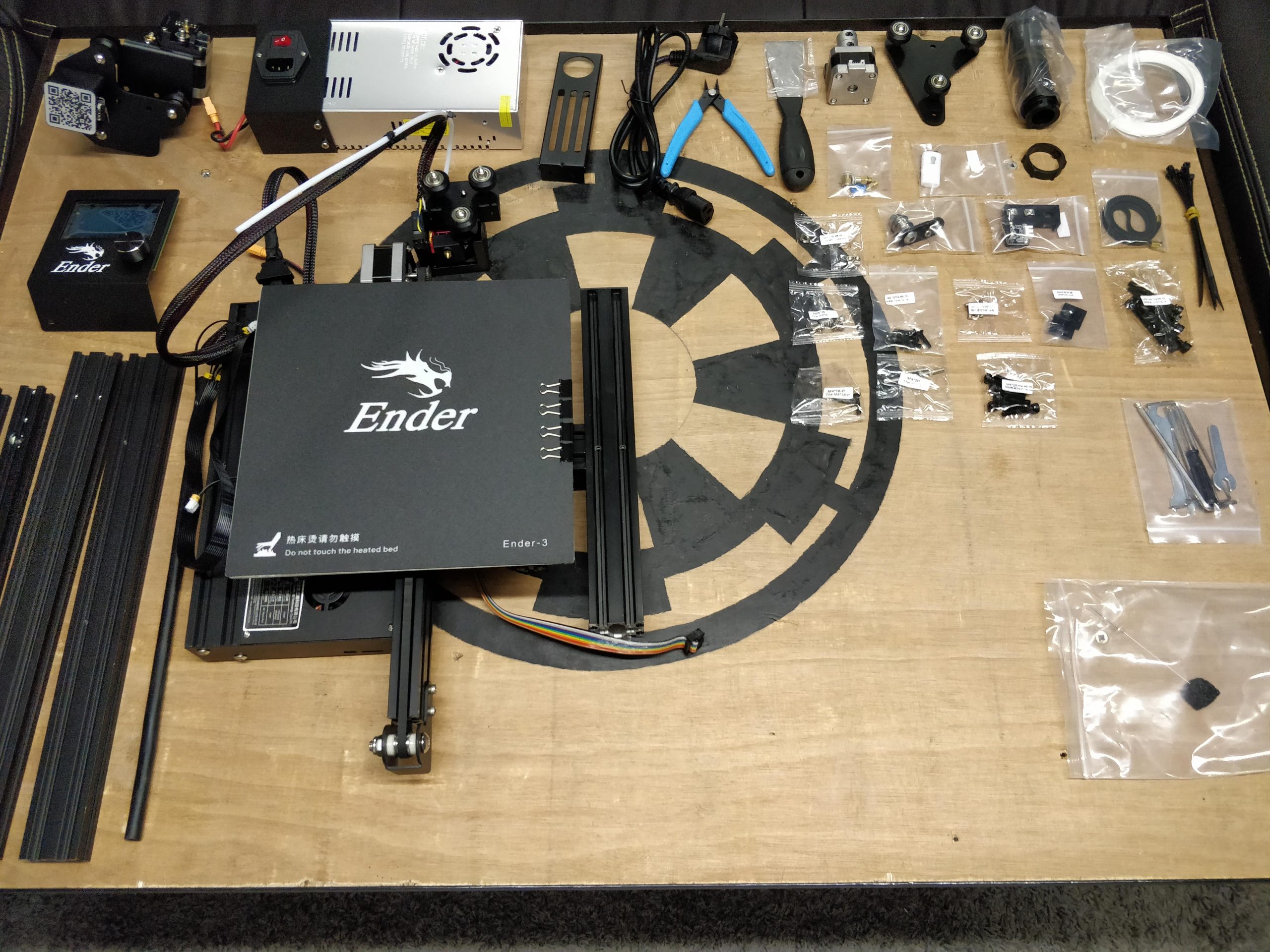 Ender 3 parts on table